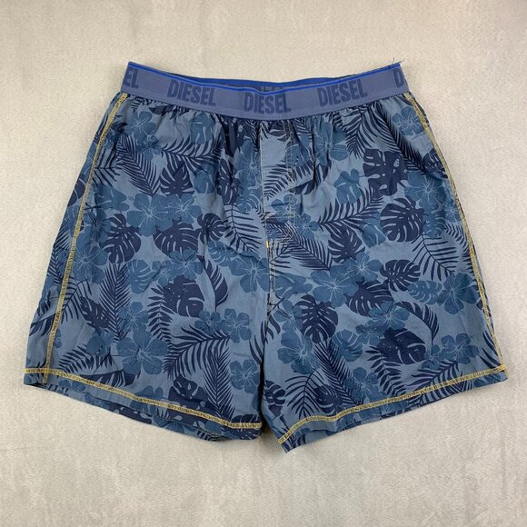Diesel Mens Shorts Large Blue Floral Boxer Elastic Waist Hawaiian Beach Summer - Picture 1 of 11